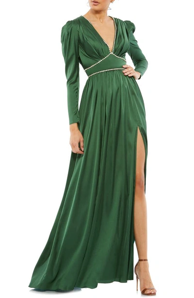 Mac Duggal Ieena Satin Embellished Empire Gown In Emerald Green