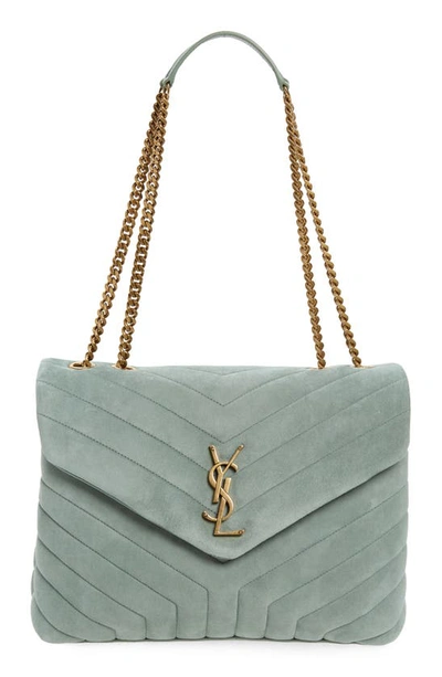 Saint Laurent Loulou Medium Ysl Monogram Suede Flap Shoulder Bag In Vert Opaline