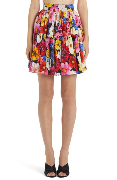 Dolce & Gabbana Tiered Pleated Floral-print Cotton-poplin Mini Skirt In Black,fuchsia,yellow