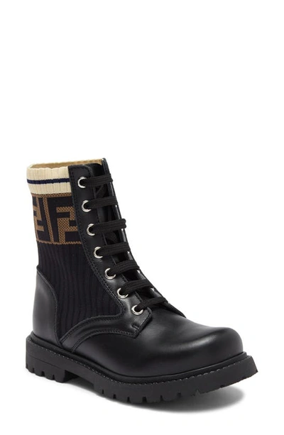 Fendi Kids' Double-f Logo Combat Boot In Brown