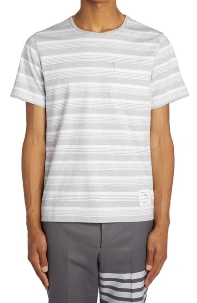 Thom Browne Logo-patch Striped T-shirt In Grey
