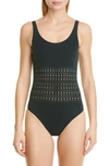 Alaïa Vienne Perforated Seamless One-piece Swimsuit In Vert Fonce