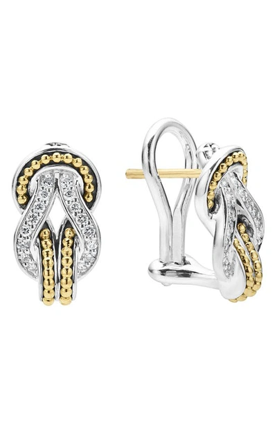 Lagos 18k Yellow Gold & Sterling Silver Newport Diamond Knot Large Omega Clasp Earrings In Silver/gold