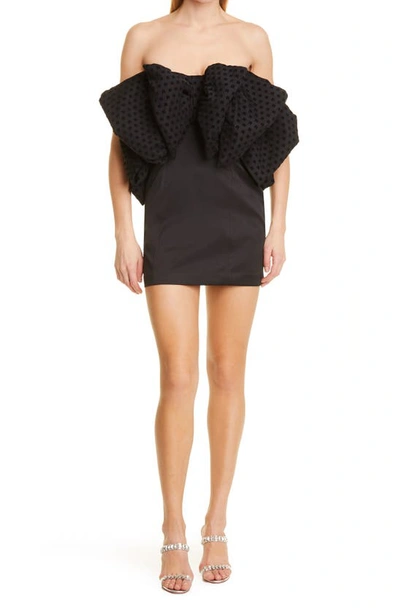 Rotate Birger Christensen Natalie Strapless Flocked Mesh-paneled Satin Mini Dress In Black