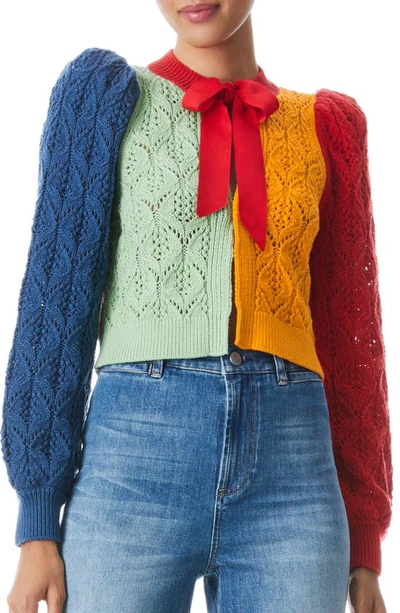 Alice And Olivia Kitty Puff Long Sleeve Tie Neckline Crochet Cardigan In Multicolor