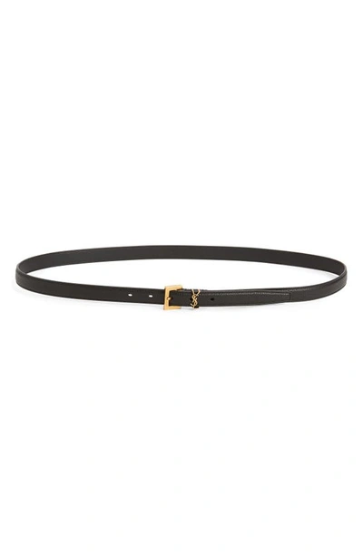 Saint Laurent Cassandre Extra Thin Crocodile-effect Leather Belt In Black