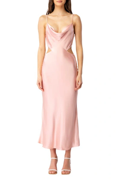 Bardot Cutout Midi Satin Slip Dress In Pink Rose