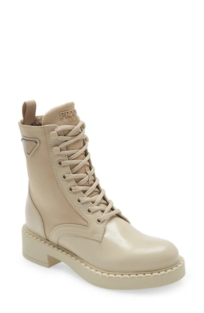 Prada Neutral Chocolate Leather Combat Boots In Nude