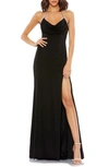 Mac Duggal Cowl Neck Halter Strap Low Back Gown In Black