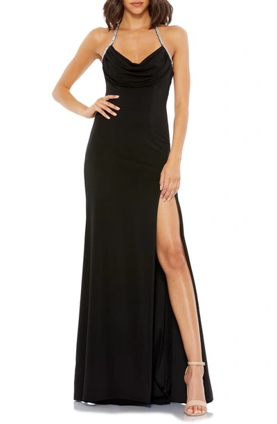 Mac Duggal Cowl Neck Halter Strap Low Back Gown In Black