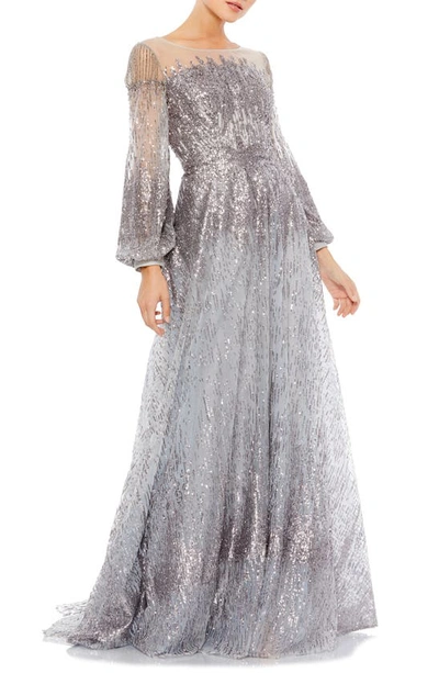 Mac Duggal Sequin Puff-sleeve A-line Gown In Platinum