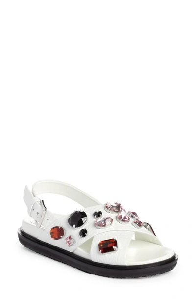 Marni Fussbett Crystal-embellished Leather Flat Sandals In 00w01 Lily White