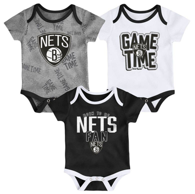 Outerstuff Babies' Infant Boys And Girls Black, White, Heathered Gray Brooklyn Nets Game Time Three-piece Bodysuit Set In Black,white,heathered Gray