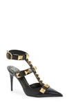 Valentino Roman Stud 80 Leather Ankle Strap Pump In Nero