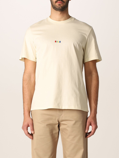 Msgm T-shirt With Embroidered Logo In Beige