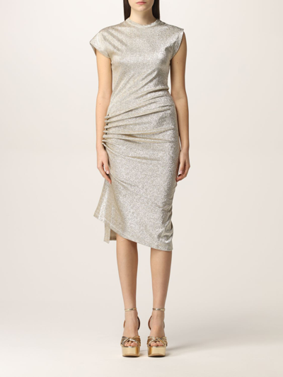 Paco Rabanne Asymmetric Ruched Stretch-lurex Dress In Metal