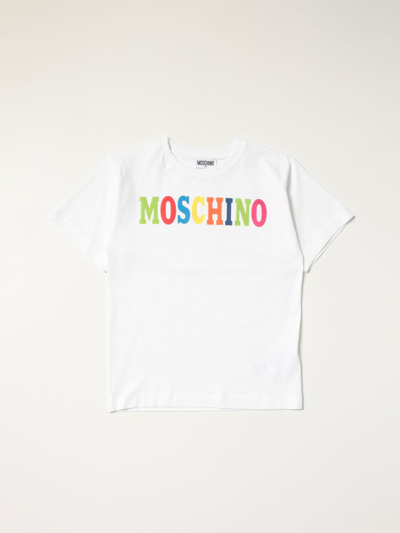 Moschino Kid Kids' T-shirt With Multicolor Logo Print In White