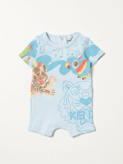 Kenzo Babies' Short Onesie With Tiger Print In Sky