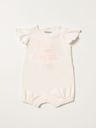 Kenzo Babies' Short Onesie With Tiger  Parsi Logo In Ecru