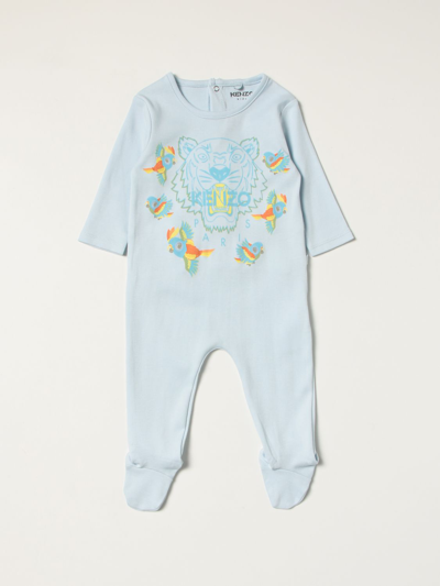Kenzo Babies' Footed Jumpsuit With Tiger  Paris Logo In Sky