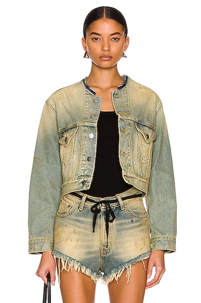 Maison Margiela Distressed-effect Collarless Denim Jacket In Blue