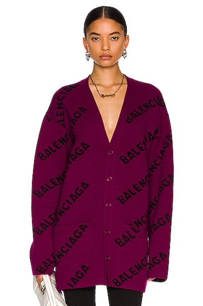 Balenciaga Stretch Wool Cardigan With All-over Logo In Purple