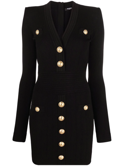 Balmain Short Knitted Dress With Gold Buttons In Black