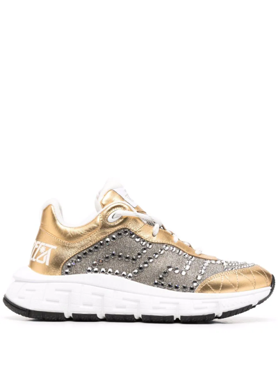 Versace Crystal-embellished Low-top Sneakers In Gold