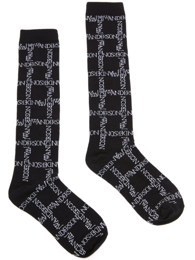 Jw Anderson Grid Logo Stretch Cotton Socks In Black