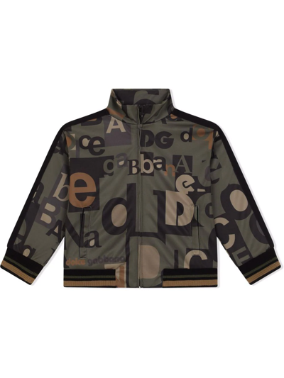 Dolce & Gabbana Kids' All-over Typeface Logo Jacket In Green
