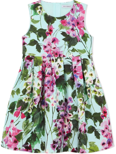 Dolce & Gabbana Kids' Campanule Print Interlock Midi Dress In Green