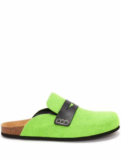 Jw Anderson Leather And Felted-wool Backless Loafers In Green