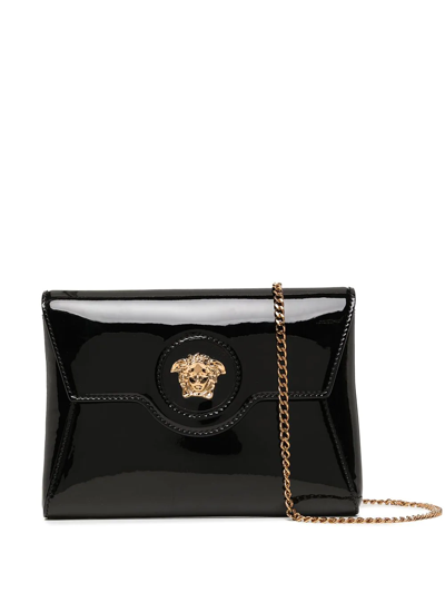 Versace La Medusa Envelope Pouch Patent Leather Crossbody In Black