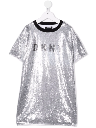 Dkny Kids' Sequin-embellished Logo T-shirt Dress In Silver