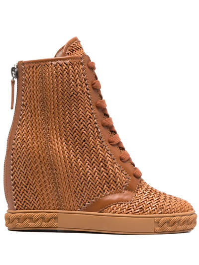 Casadei Ina 80mm Woven Wedge Boots In Brown