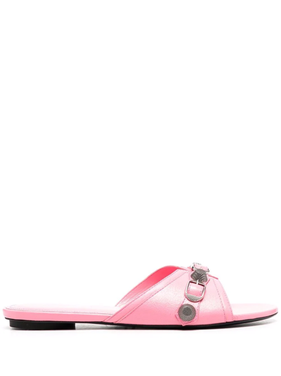 Balenciaga Cagole Stud-embellished Leather Sandals In Pink & Purple