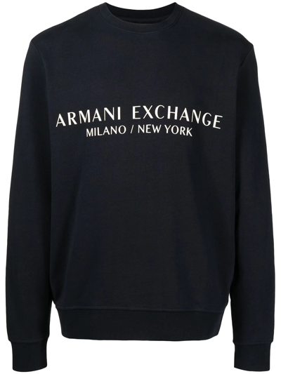 Armani Exchange Logo Crew-neck Sweatshirt In Solid Blue Navy