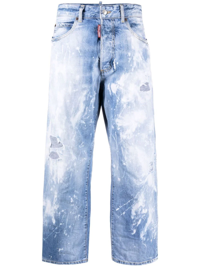 Dsquared2 Distressed Paint-splattered Wide-leg Jeans In Blue