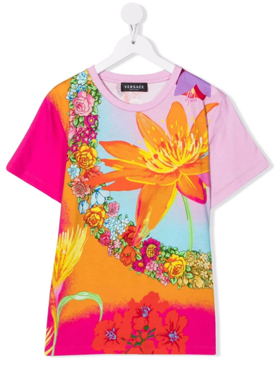 Versace Teen Floral-print Cotton T-shirt In Pink
