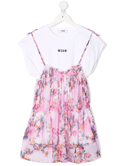 Msgm Teen Floral-print T-shirt Dress In Pink
