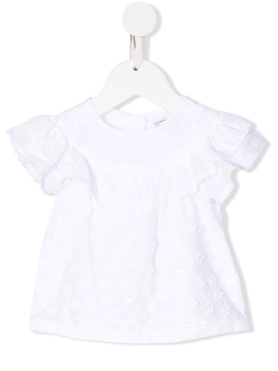 Tartine Et Chocolat Babies' Floral-embroidered Ruffled Blouse In Bianco