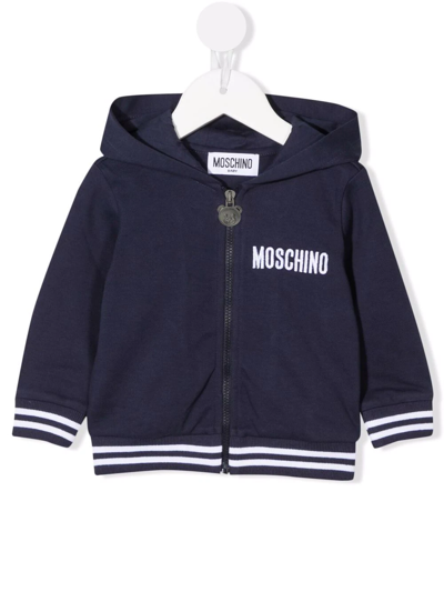Moschino Babies' Teddy Bear Embroidery Zip-up Hoodie In Blue
