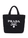 Prada Logo-embroidered Raffia Tote Bag In Black