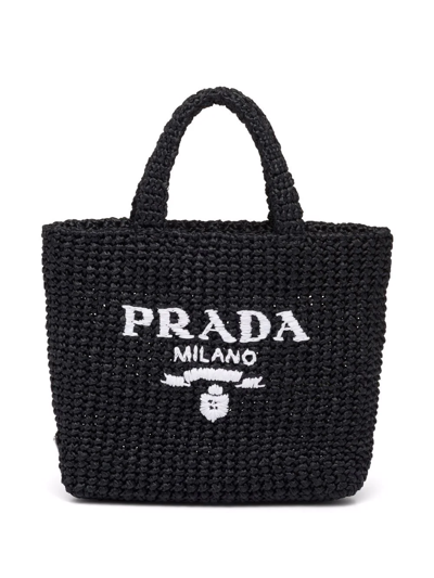 Prada Logo-embroidered Raffia Tote Bag In Schwarz