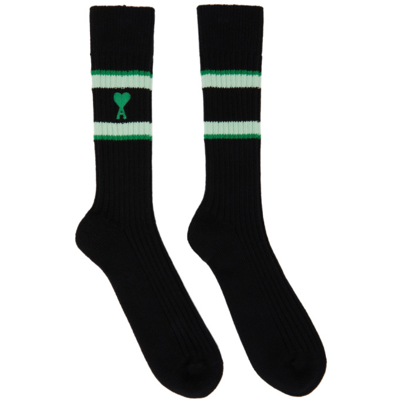 Ami Alexandre Mattiussi Black & Green Ami De Cœur Striped Socks In Black/green/003