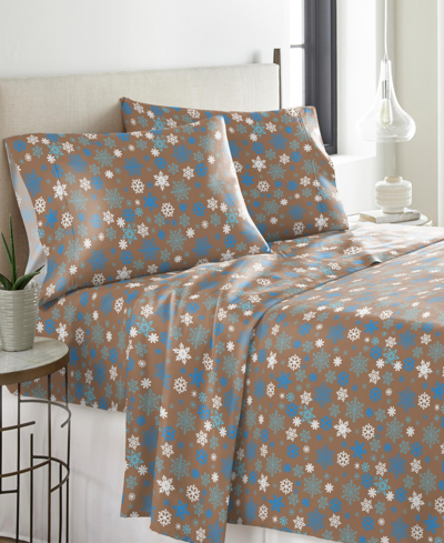 POINTEHAVEN COCOA SNOWFLAKES HEAVY WEIGHT COTTON FLANNEL SHEET SET, QUEEN