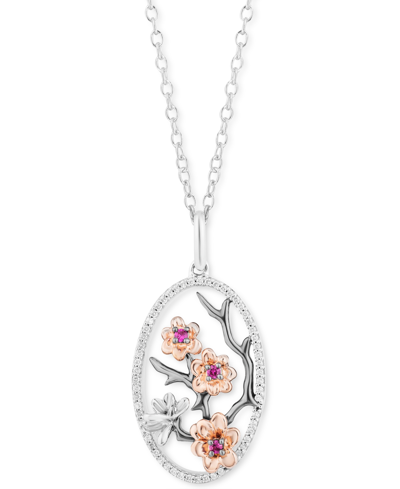 Enchanted Disney Fine Jewelry Rhodolite Garnet (1/20 Ct. T.w.) & Diamond (1/6 Ct. T.w.) Mulan Flower Pendant Necklace In Sterling In Sterling Silver  Rose Gold