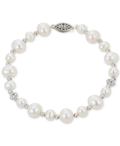 Macy's Cultured Freshwater Pearl (5-6 & 8-9mm) & Crystal Bracelet In Sterling Silver