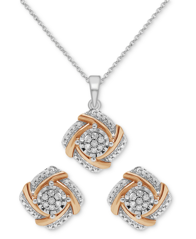 Macy's 2-pc. Set Diamond Swirl Pendant Necklace & Matching Stud Earrings (1/6 Ct. T.w.) In Sterling Silver In Sterling Silver  Rose Gold Plate