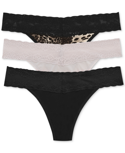 Natori Bliss Perfection Lace-trim Thong, Pack Of 3 In Black Luxe Leopard/grey/black